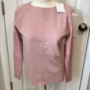 New Sioni Milano Blush Pink Faux-Suede & Ribbed Knit Long Sleeve Top